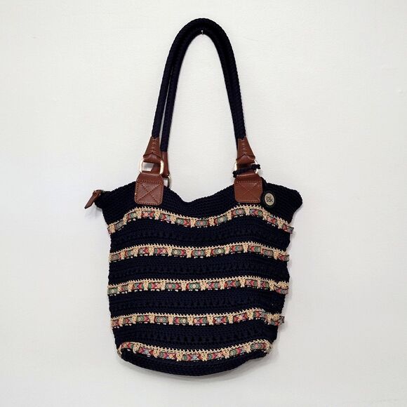 The Sak Cambria Crochet Woven Large Tote Shoulder Bag Purse Black Boho Chic - Picture 1 of 7